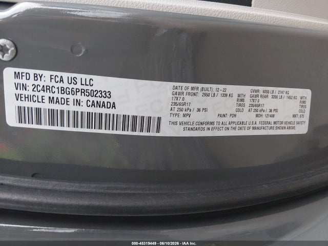 2023 Chrysler Pacifica Touring L მანქანა იყიდება აუქციონზე, vin: 2C4RC1BG6PR502333, აუქციონის ნომერი: 45319449