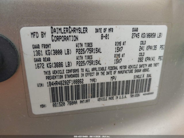 2002 Dodge Durango Slt მანქანა იყიდება აუქციონზე, vin: 1B4HR48Z02F108862, აუქციონის ნომერი: 45319469