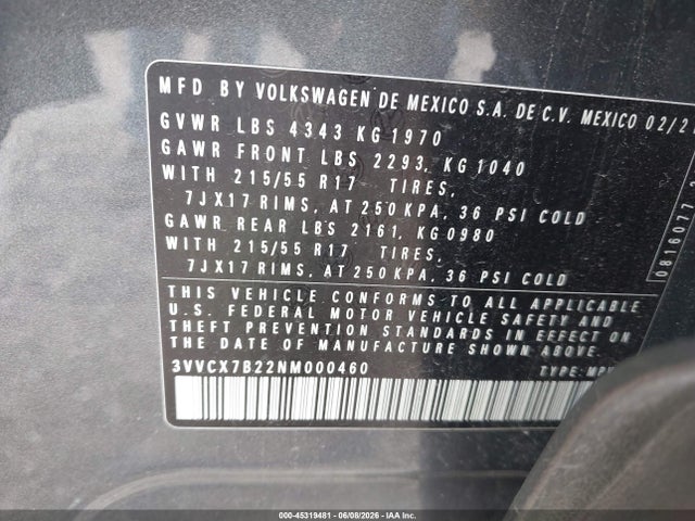 2022 Volkswagen Taos 1.5t S მანქანა იყიდება აუქციონზე, vin: 3VVCX7B22NM000460, აუქციონის ნომერი: 45319481