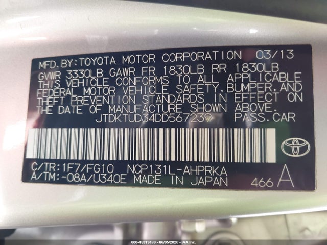 Продаж на аукціоні авто 2013 Toyota Yaris Le, vin: JTDKTUD34DD567239, номер лоту: 45319490
