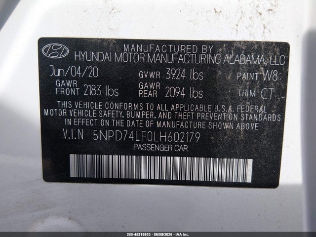 Продажа на аукционе авто 2020 Hyundai Elantra Se, vin: 5NPD74LF0LH602179, номер лота: 45319503
