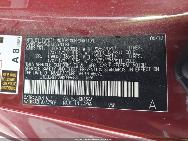 Aukcja sprzedaży 2010 Toyota Fj Cruiser, vin: JTEBU4BF2AK089688, numer aukcji: 45319516