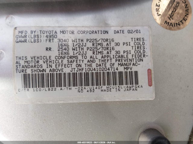 Aukcja sprzedaży 2001 Lexus Rx 300, vin: JTJHF10U410204714, numer aukcji: 45319523