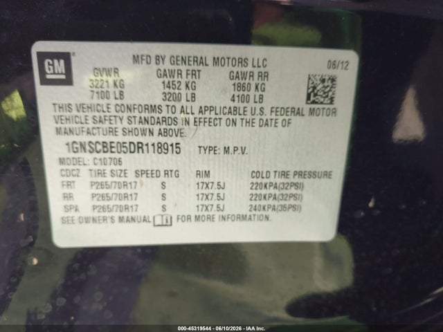 45319544 :رقم المزاد ، 1GNSCBE05DR118915 vin ، 2013 Chevrolet Tahoe Lt مزاد بيع