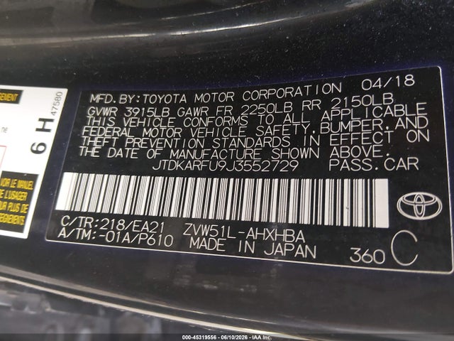 Auction sale of the 2018 Toyota Prius Four Touring, vin: JTDKARFU9J3552729, lot number: 45319556