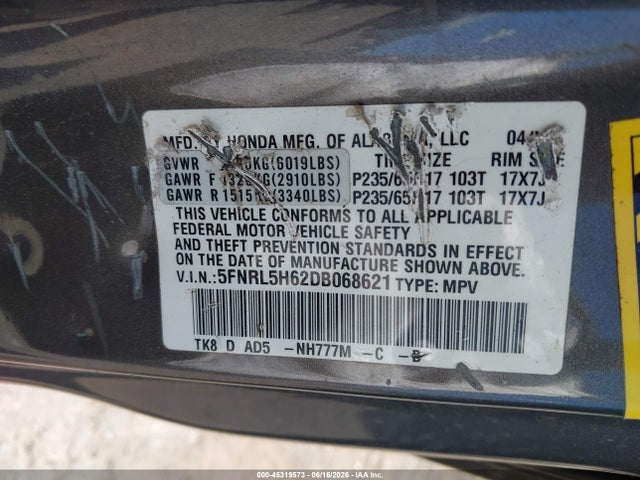 Продаж на аукціоні авто 2013 Honda Odyssey Ex-l, vin: 5FNRL5H62DB068621, номер лоту: 45319573