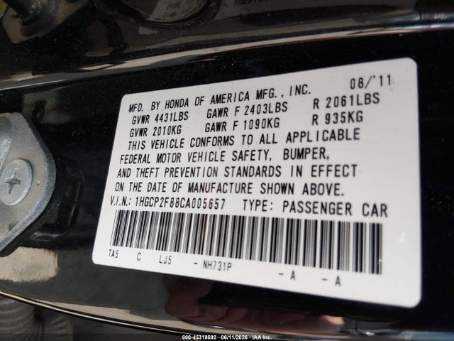 Aukcja sprzedaży 2012 Honda Accord 2.4 Ex-l, vin: 1HGCP2F88CA005657, numer aukcji: 45319592