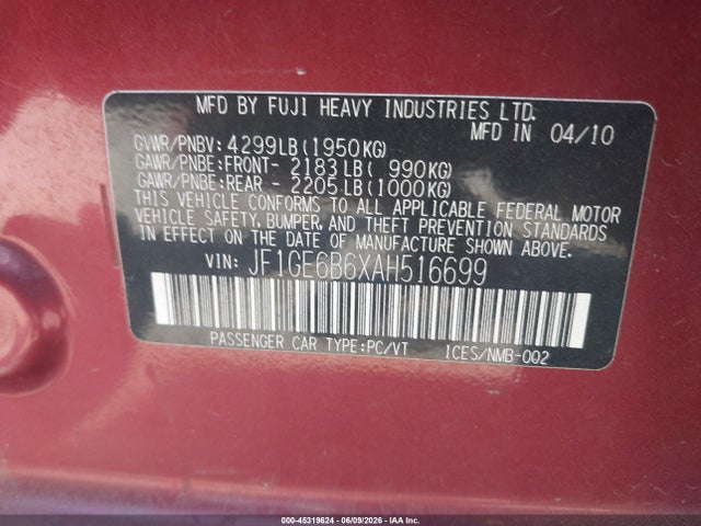 2010 Subaru Impreza 2.5i Premium მანქანა იყიდება აუქციონზე, vin: JF1GE6B6XAH516699, აუქციონის ნომერი: 45319624