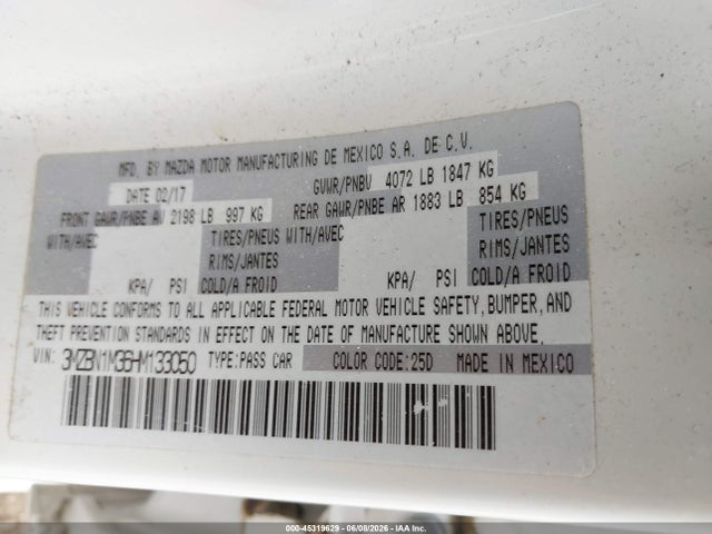 45319629 :رقم المزاد ، 3MZBN1M36HM133050 vin ، 2017 Mazda Mazda3 Grand Touring مزاد بيع