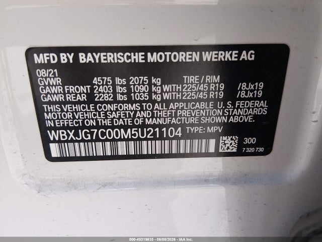 Продажа на аукционе авто 2021 Bmw X1 Sdrive28i, vin: WBXJG7C00M5U21104, номер лота: 45319635