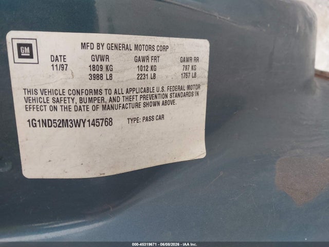 1998 Chevrolet Malibu მანქანა იყიდება აუქციონზე, vin: 1G1ND52M3WY145768, აუქციონის ნომერი: 45319671