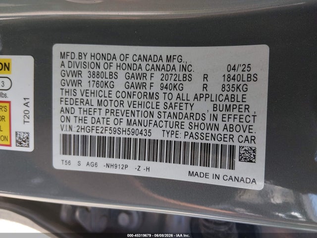 Honda Civic Sport 2025 2HGFE2F59SH590435 Image 9