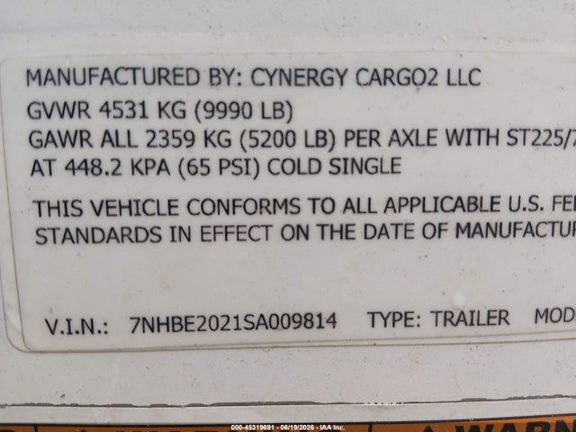 Aukcja sprzedaży 2025 Cynergy Cargo Llc Enclosed Cargo, vin: 7NHBE2021SA009814, numer aukcji: 45319691