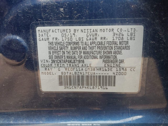 2019 Nissan Versa 1.6 Sv მანქანა იყიდება აუქციონზე, vin: 3N1CN7AP4KL871916, აუქციონის ნომერი: 45319702