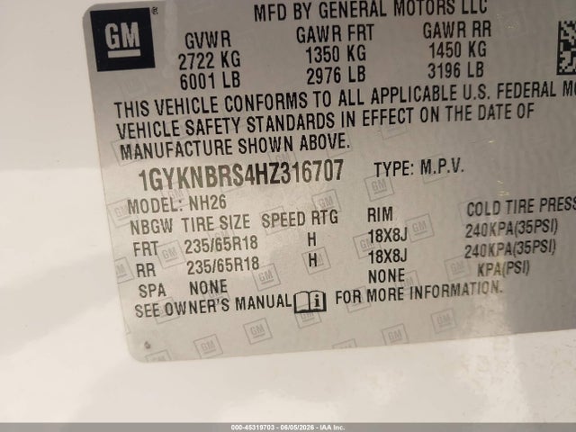 45319703 :رقم المزاد ، 1GYKNBRS4HZ316707 vin ، 2017 Cadillac Xt5 Luxury مزاد بيع
