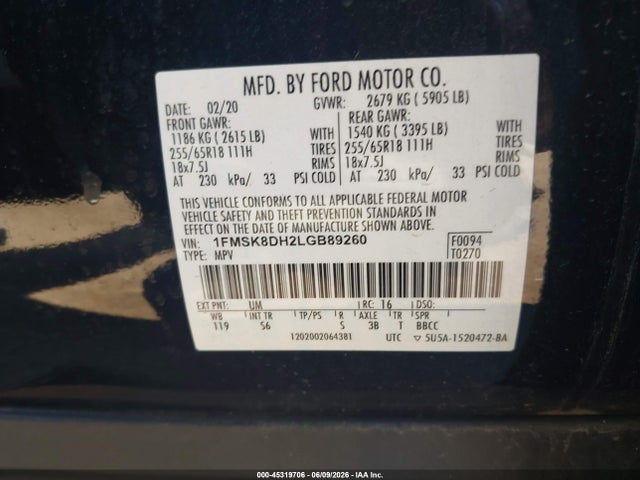 Ford EXPLORER XLT 2020 1FMSK8DH2LGB89260 Image 9