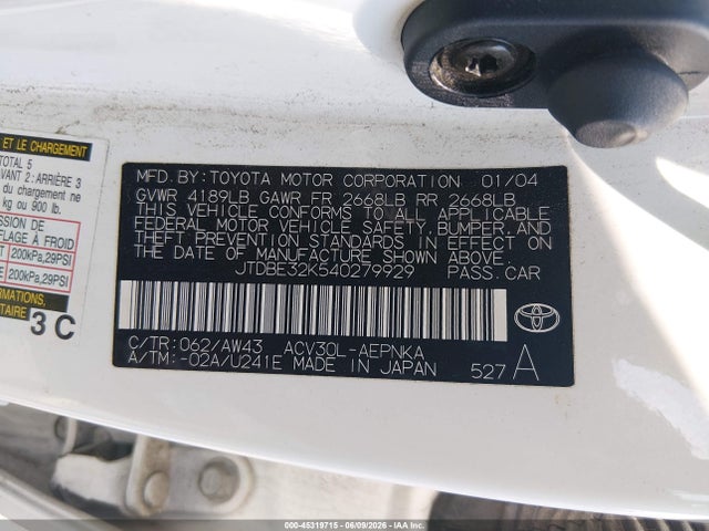 Aukcja sprzedaży 2004 Toyota Camry Le, vin: JTDBE32K540279929, numer aukcji: 45319715