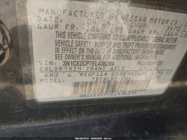 45319721 :رقم المزاد ، 3N1CE2CP7EL436294 vin ، 2014 Nissan Versa Note Sv مزاد بيع