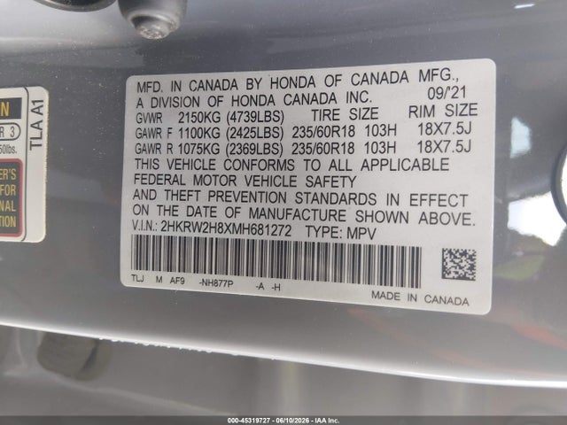 45319727 :رقم المزاد ، 2HKRW2H8XMH681272 vin ، 2021 Honda Cr-v Awd Ex-l مزاد بيع