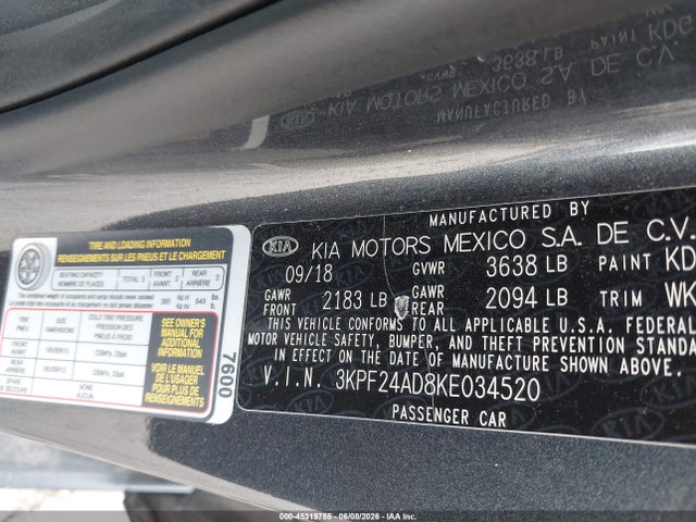Продажа на аукционе авто 2019 Kia Forte Fe, vin: 3KPF24AD8KE034520, номер лота: 45319755