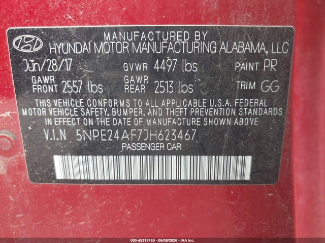 45319769 :رقم المزاد ، 5NPE24AF7JH623467 vin ، 2018 Hyundai Sonata Se مزاد بيع
