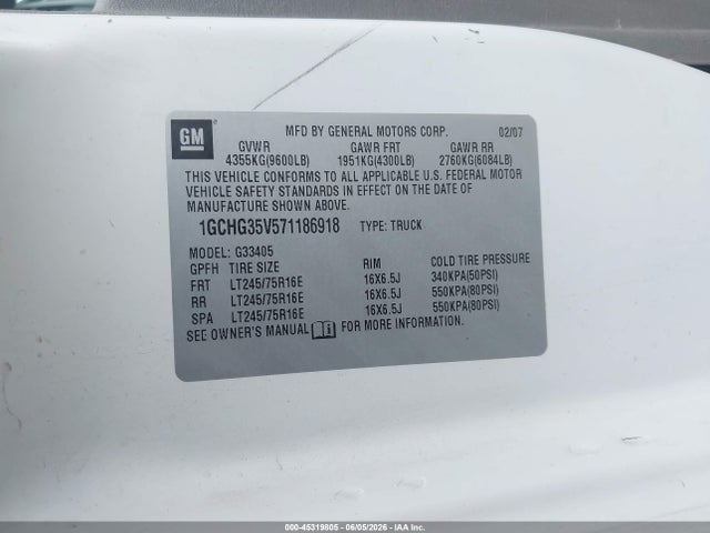 45319805 :رقم المزاد ، 1GCHG35V571186918 vin ، 2007 Chevrolet Express Cargo Van Work Van مزاد بيع