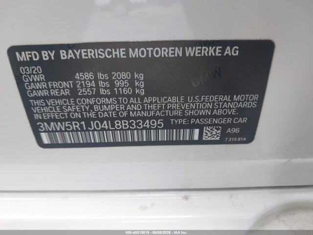 2020 Bmw 330i მანქანა იყიდება აუქციონზე, vin: 3MW5R1J04L8B33495, აუქციონის ნომერი: 45319819