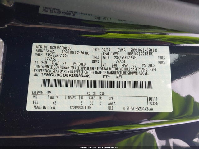 Продаж на аукціоні авто 2019 Ford Escape Se, vin: 1FMCU0GD8KUB93449, номер лоту: 45319830