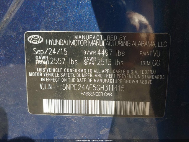 2016 Hyundai Sonata Se მანქანა იყიდება აუქციონზე, vin: 5NPE24AF5GH311415, აუქციონის ნომერი: 45319848