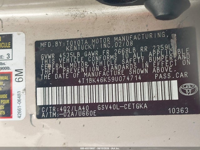 2009 Toyota Camry Xle V6 მანქანა იყიდება აუქციონზე, vin: 4T1BK46K59U074714, აუქციონის ნომერი: 45319857