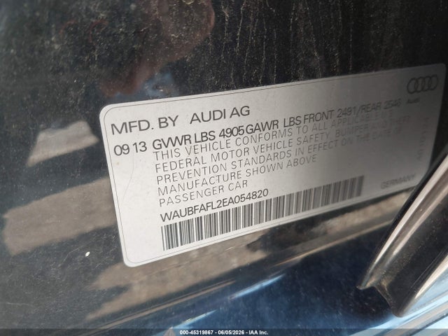 45319867 :رقم المزاد ، WAUBFAFL2EA054820 vin ، 2014 Audi A4 2.0t Premium مزاد بيع