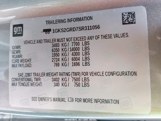 2025 Gmc Yukon Xl 4wd Elevation მანქანა იყიდება აუქციონზე, vin: 1GKS2GRD7SR311056, აუქციონის ნომერი: 45319876
