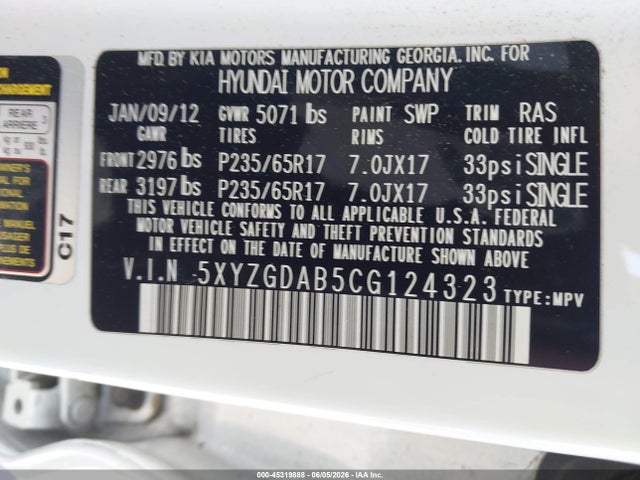 Aukcja sprzedaży 2012 Hyundai Santa Fe Gls, vin: 5XYZGDAB5CG124323, numer aukcji: 45319888