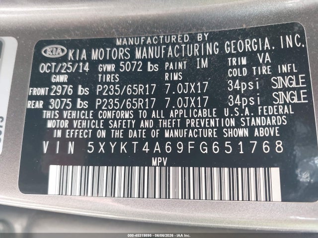 Aukcja sprzedaży 2015 Kia Sorento Lx, vin: 5XYKT4A69FG651768, numer aukcji: 45319895