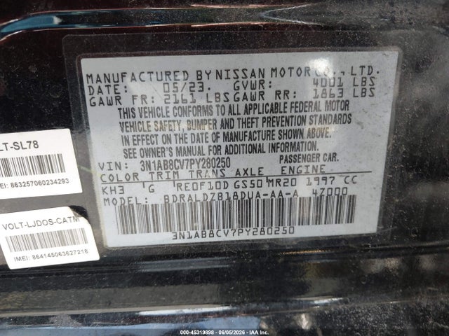 2023 Nissan Sentra Sv Xtronic Cvt მანქანა იყიდება აუქციონზე, vin: 3N1AB8CV7PY280250, აუქციონის ნომერი: 45319898