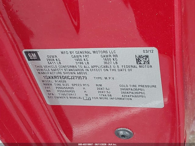 45319907 :رقم المزاد ، 1GKKRTED6CJ279579 vin ، 2012 Gmc Acadia Denali مزاد بيع