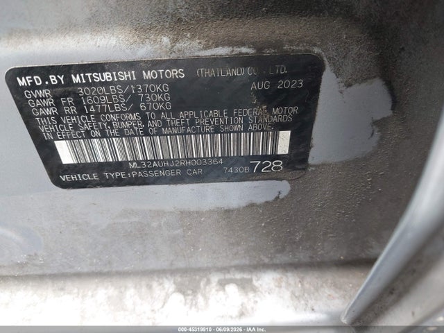 2024 Mitsubishi Mirage Le მანქანა იყიდება აუქციონზე, vin: ML32AUHJ2RH003364, აუქციონის ნომერი: 45319910