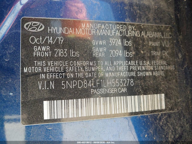 Aukcja sprzedaży 2020 Hyundai Elantra Sel, vin: 5NPD84LF1LH553278, numer aukcji: 45319912