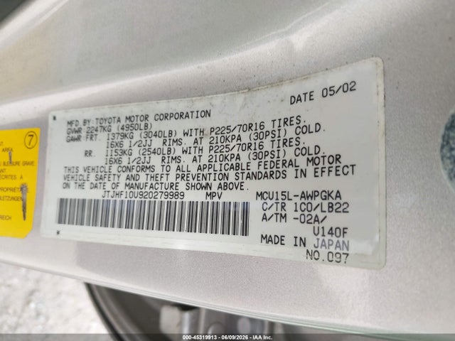 Aukcja sprzedaży 2002 Lexus Rx 300, vin: JTJHF10U920279989, numer aukcji: 45319913