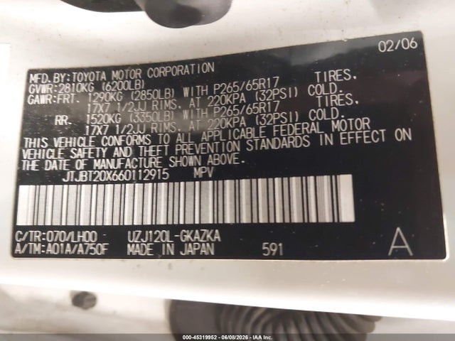 Aukcja sprzedaży 2006 Lexus Gx 470, vin: JTJBT20X660112915, numer aukcji: 45319952