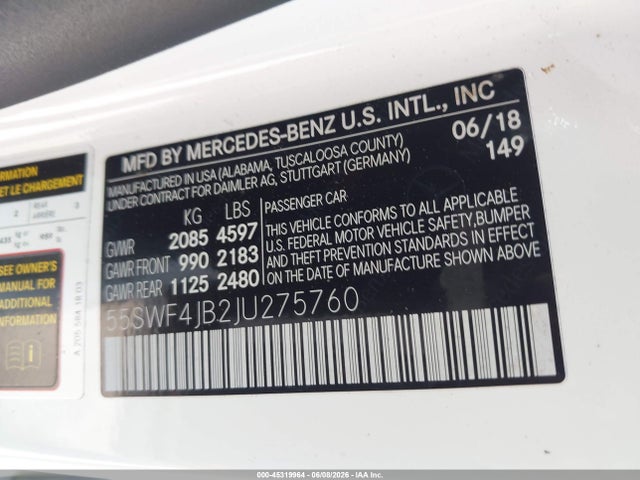 Продаж на аукціоні авто 2018 Mercedes-benz C 300, vin: 55SWF4JB2JU275760, номер лоту: 45319964