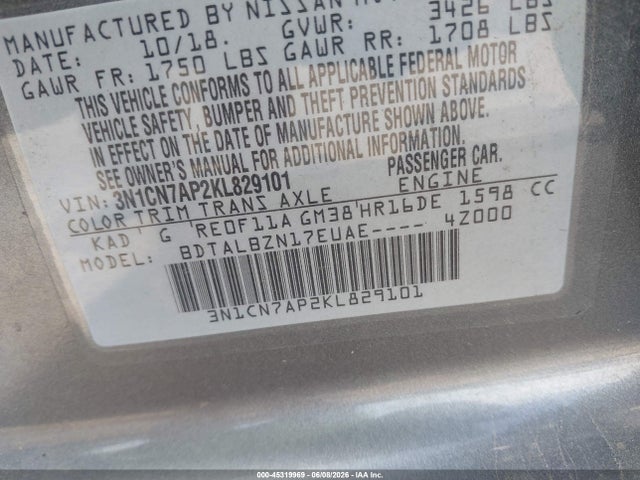 Продаж на аукціоні авто 2019 Nissan Versa 1.6 Sv, vin: 3N1CN7AP2KL829101, номер лоту: 45319969