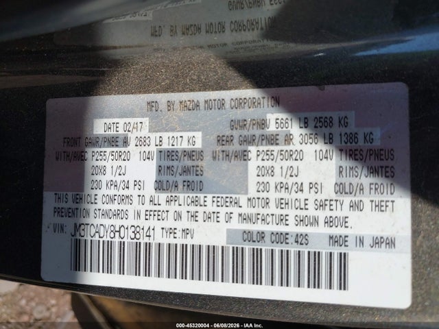 Aukcja sprzedaży 2017 Mazda Cx-9 Grand Touring, vin: JM3TCADY8H0138141, numer aukcji: 45320004