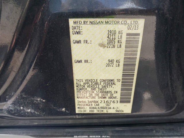 Продажа на аукционе авто 2013 Nissan Altima 2.5 S, vin: 1N4AL3AP8DC216763, номер лота: 45320006