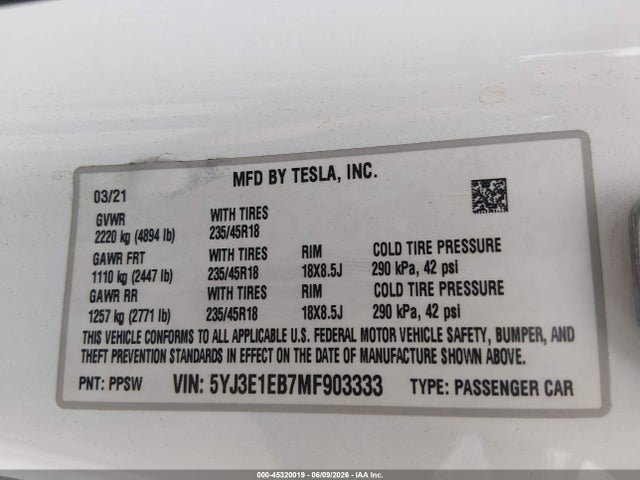 45320019 :رقم المزاد ، 5YJ3E1EB7MF903333 vin ، 2021 Tesla Model 3 Long Range مزاد بيع
