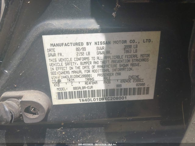 Aukcja sprzedaży 1999 Nissan Altima Gle/gxe/se/se-l/xe, vin: 1N4DL01D9XC208001, numer aukcji: 45320026