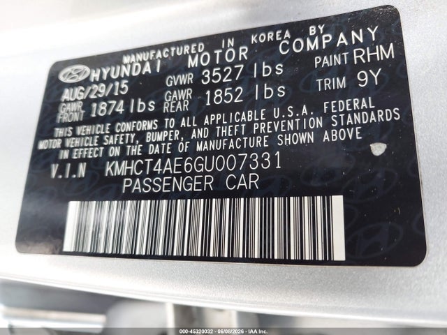 2016 Hyundai Accent Se მანქანა იყიდება აუქციონზე, vin: KMHCT4AE6GU007331, აუქციონის ნომერი: 45320032