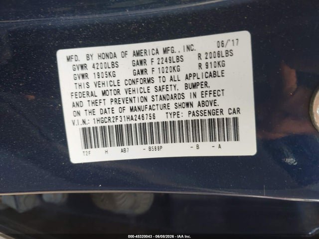 Honda ACCORD LX 2017 1HGCR2F31HA246756 Image 9