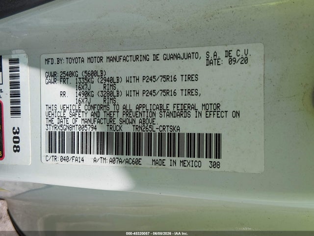 45320057 :رقم المزاد ، 3TYRX5GN8MT005794 vin ، 2021 Toyota Tacoma Sr مزاد بيع