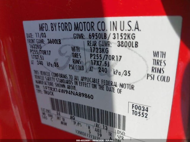 Aukcja sprzedaży 2004 Ford F-150 Stx/xl/xlt, vin: 1FTRX14W94NA89860, numer aukcji: 45320091